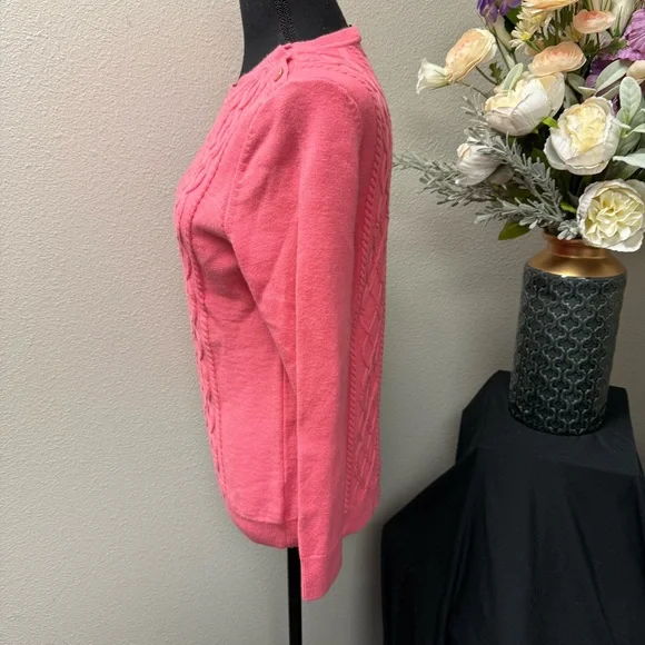 Talbots Petite Pink Cable Knit Sweater L/P Button Shoulder Classic Cozy - Picture 2 of 7